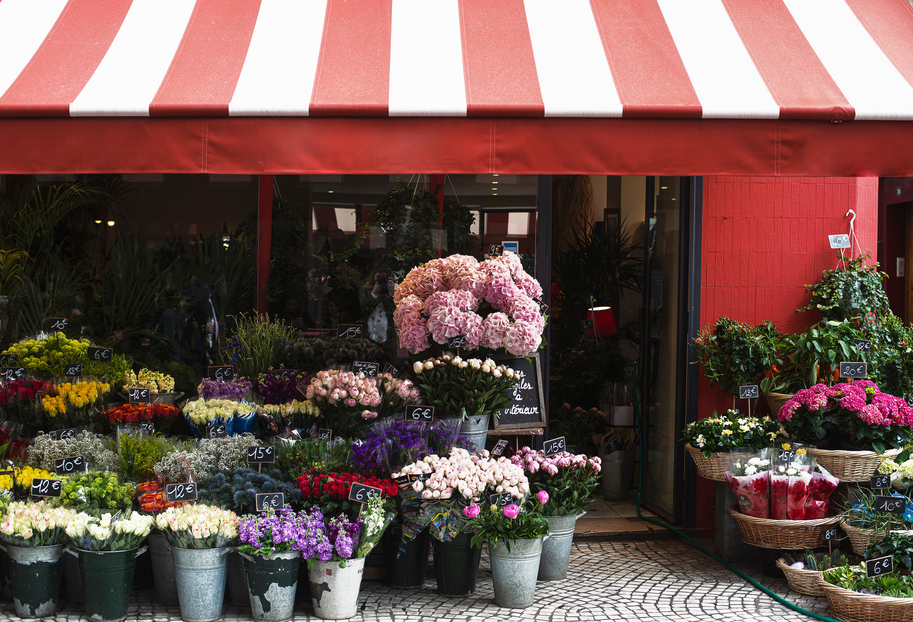 there is a store front with large flowers outside