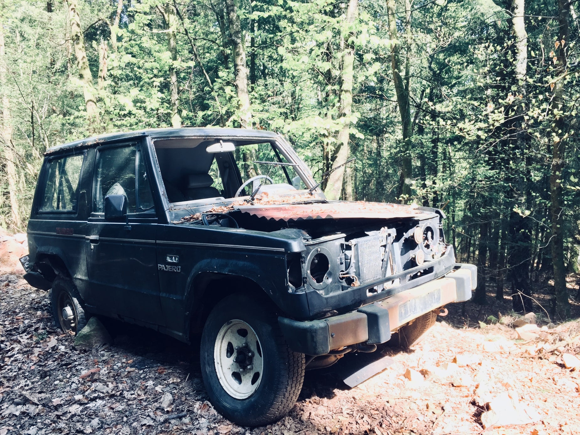 an old, rusted jeep in the forest