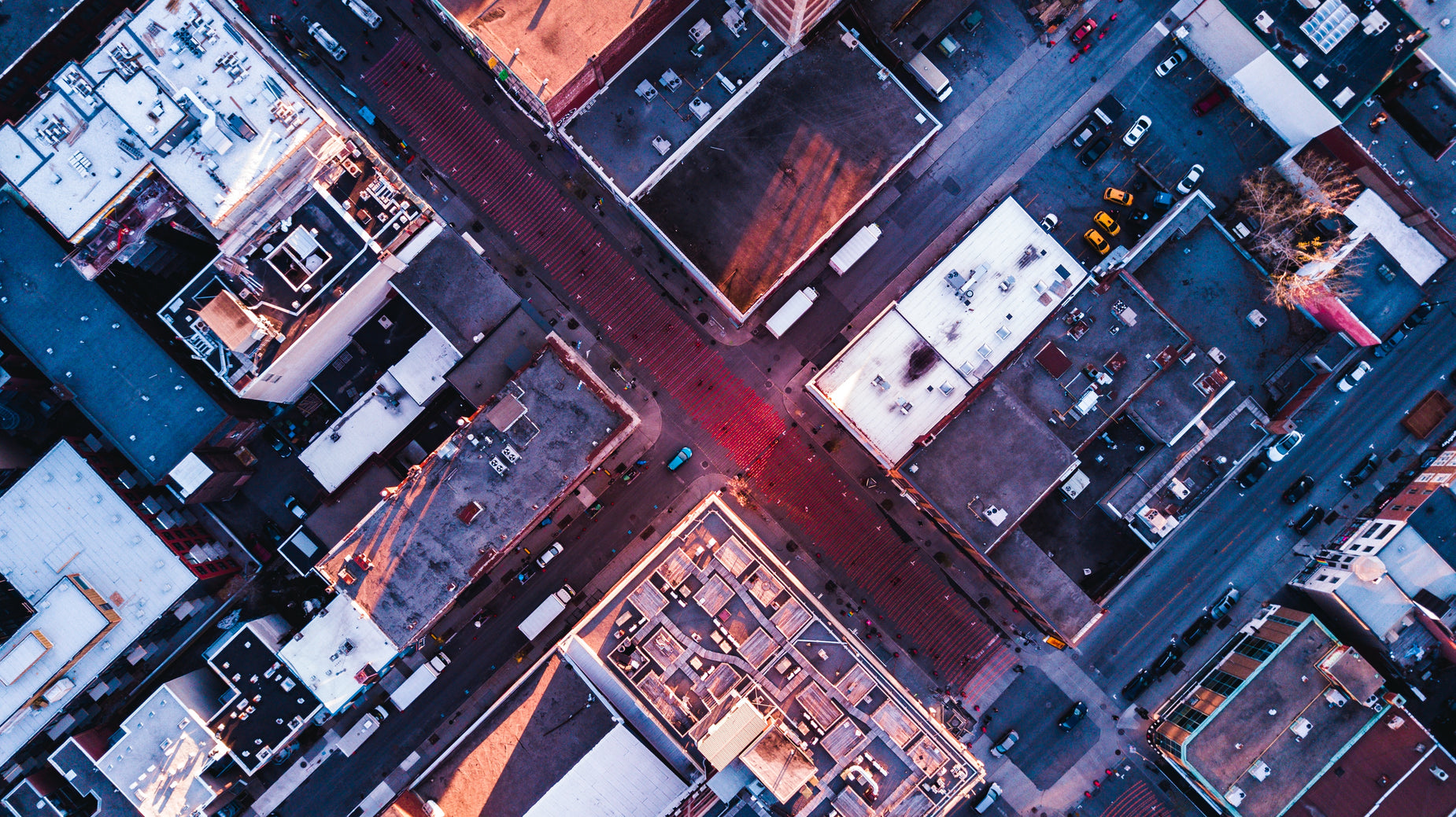 an aerial view of the intersection of a city