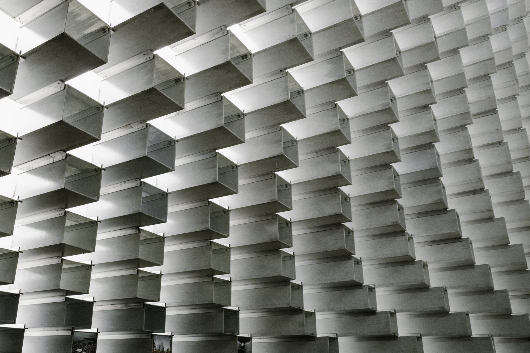 a close up of a ceiling made from concrete bricks