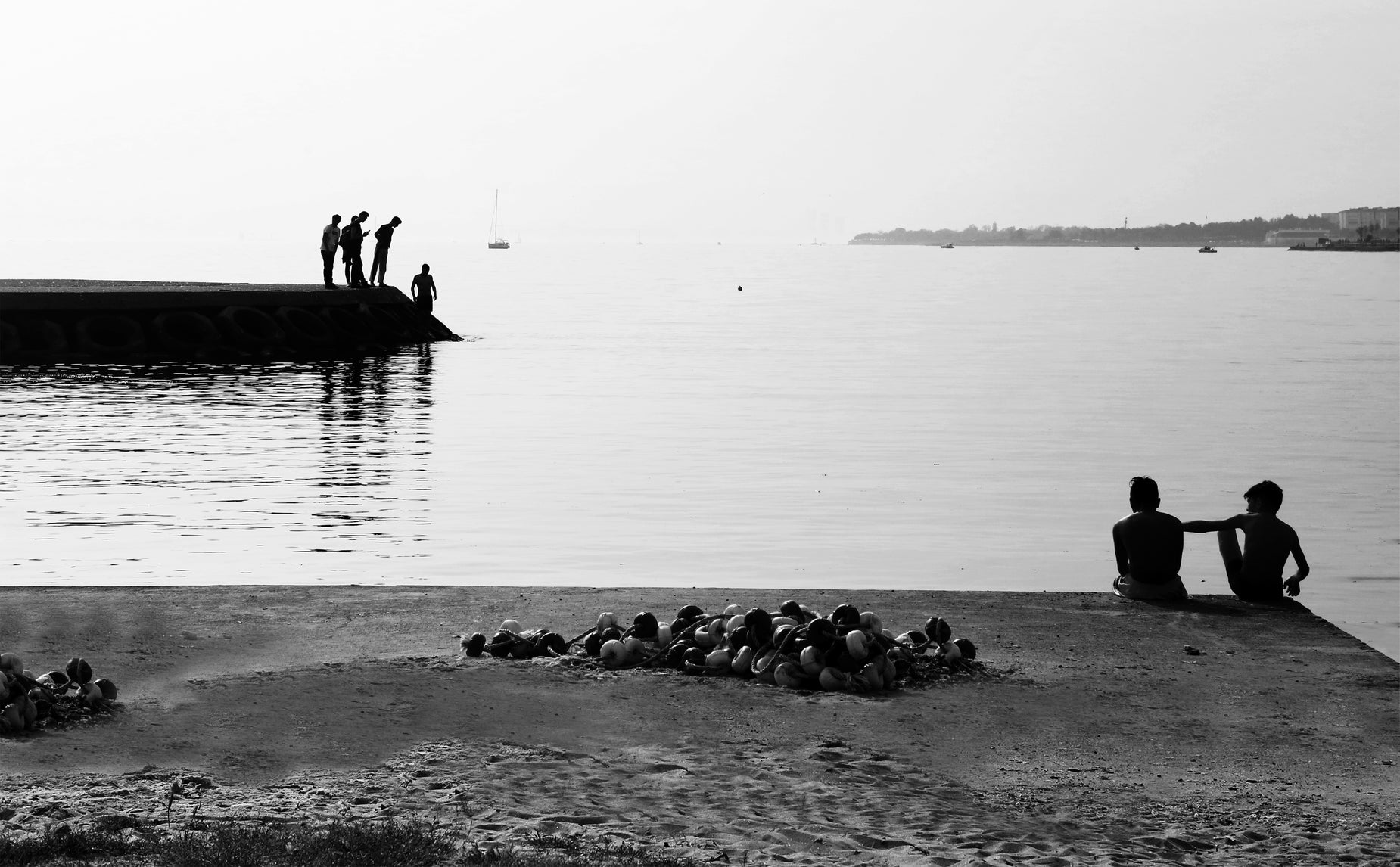 four men sitting on a jetty and watching the birds around