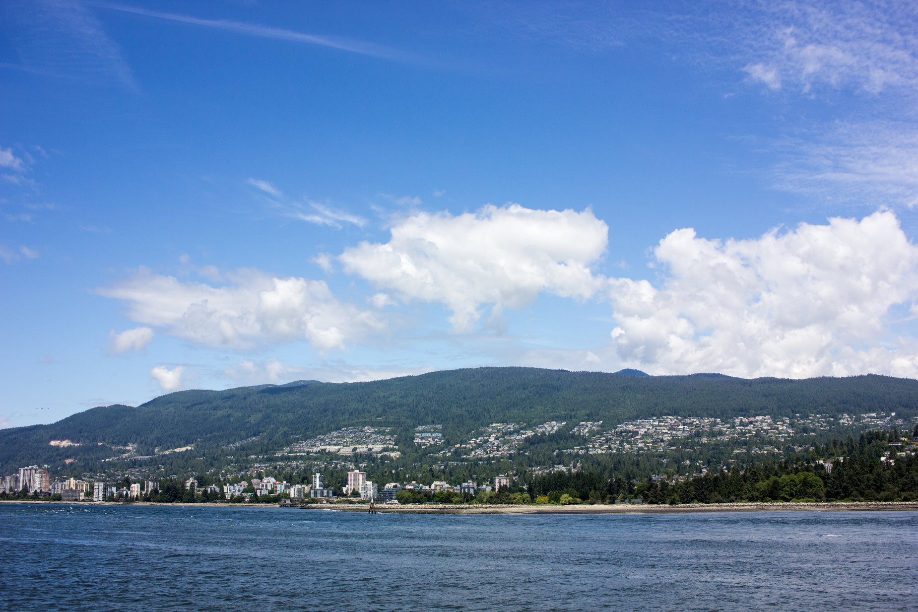 the beach is on the water, with a very large city in the distance