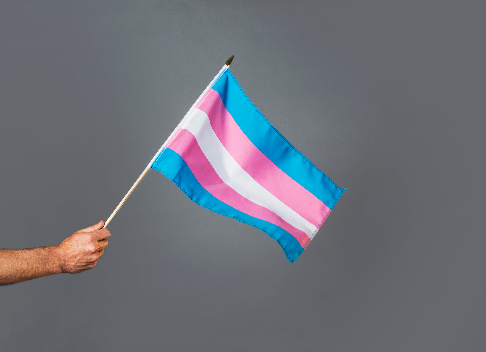 a person holding a pink and blue flag