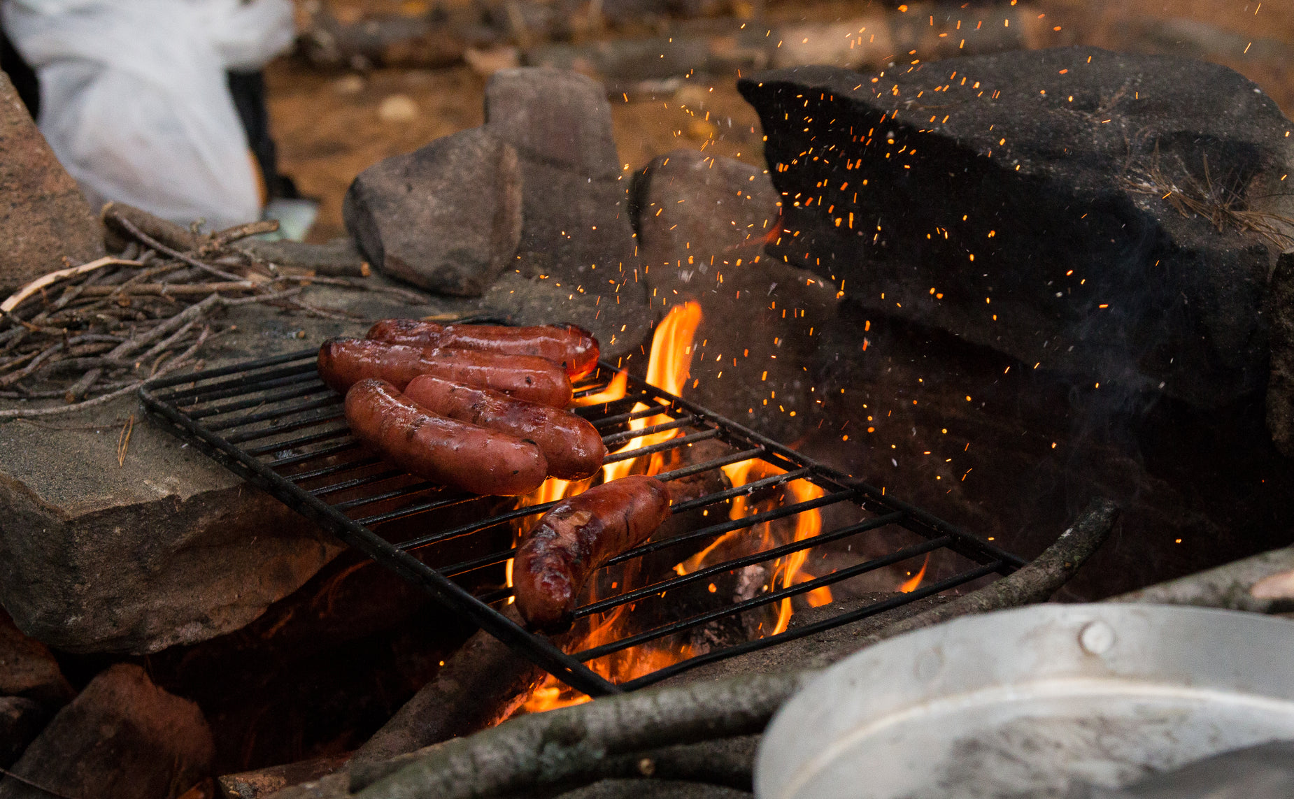  dogs and meat cooking on a grill