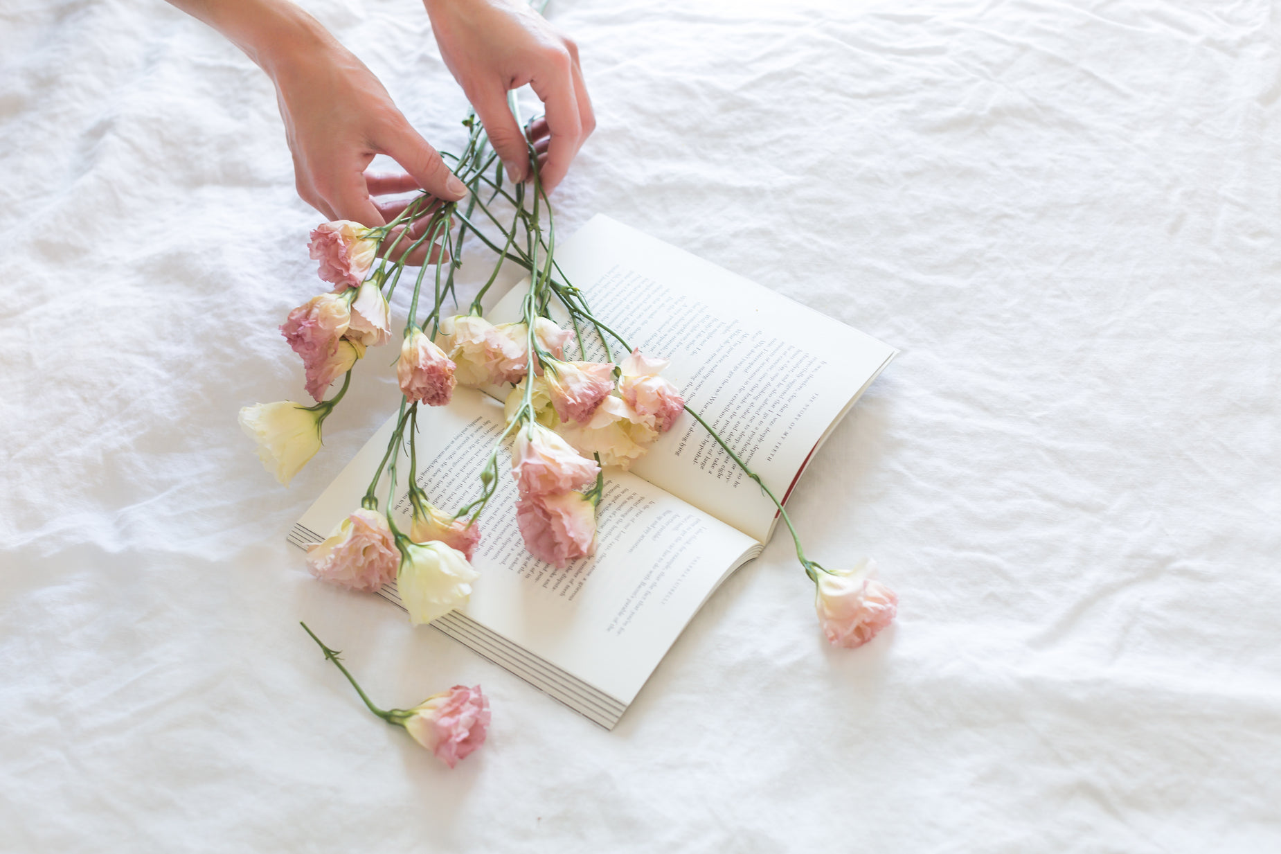 person with a book, flowers, and book lying on bed