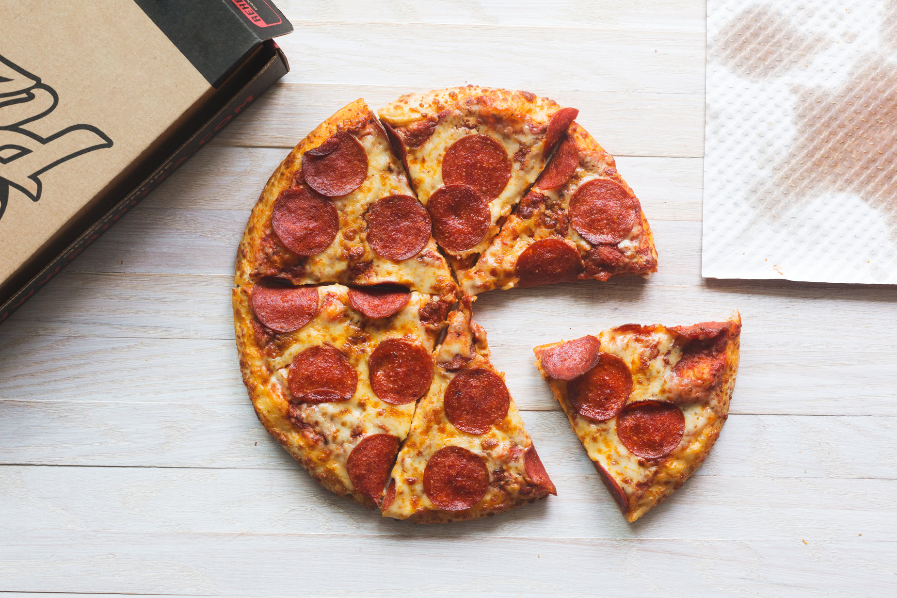 slices of pepperoni pizza on a white wooden table