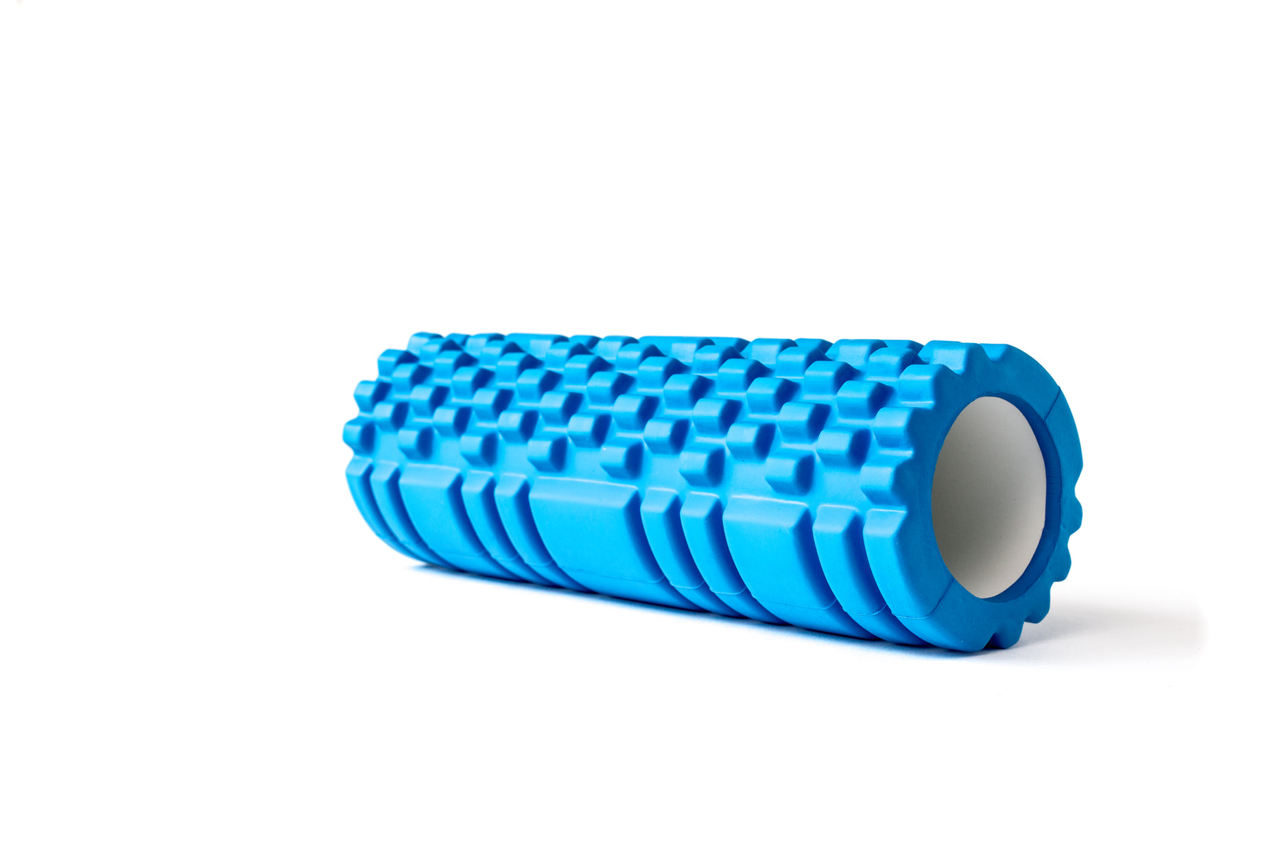 a blue rubber exercise foam roller on a white background