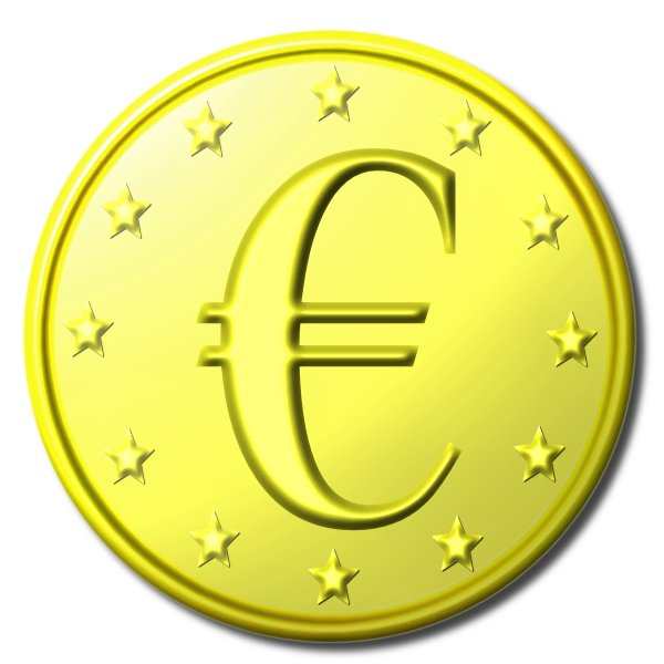 gold euro coin with stars on white background