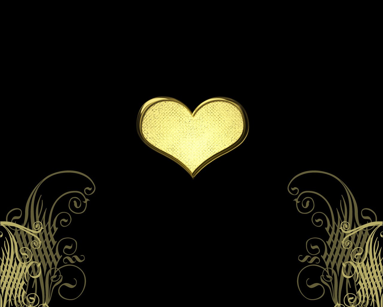 a gold heart in front of an ornate black background