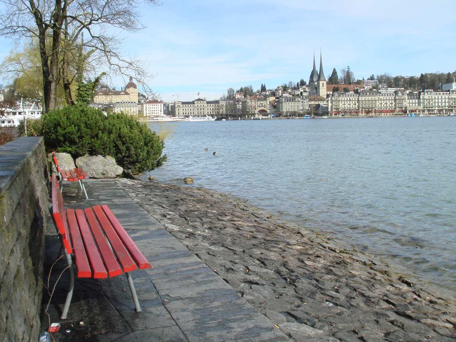 red benches are lining the wall of an outside park overlooking the water