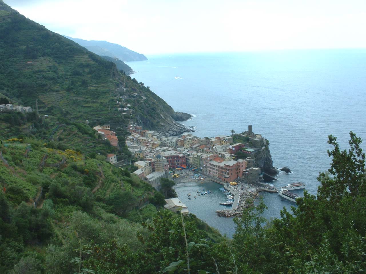 the ocean and a town surrounded by lush vegetation