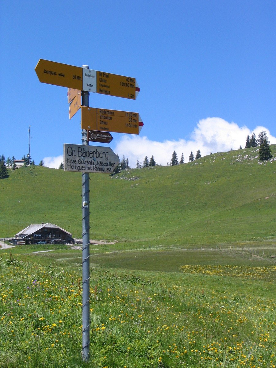 a pole with three signs and a building on the other side