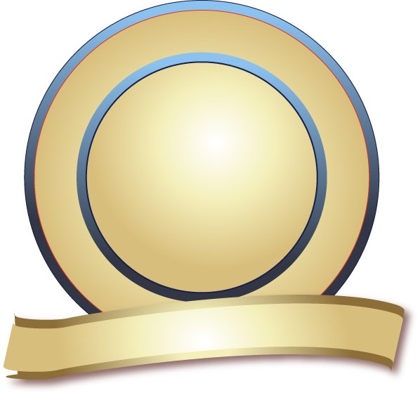 an award badge with a gold and blue circle