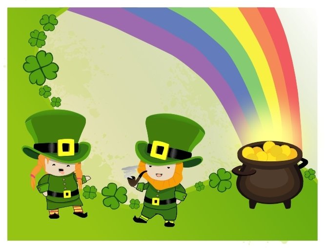 a st patrick's day poster with two leprechauns holding a pot of gold