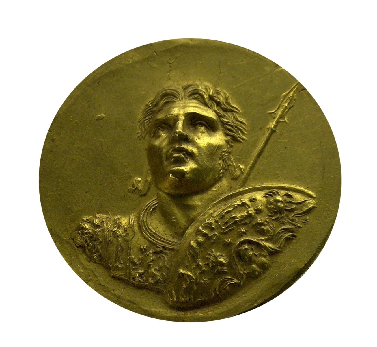 a bronze medal depicting a man with a sword