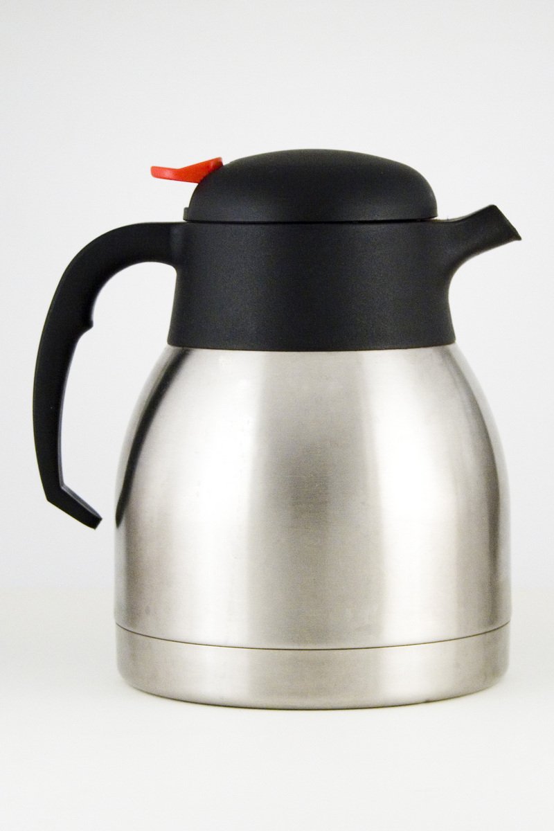 a metal coffee pot with black lid and a black handle