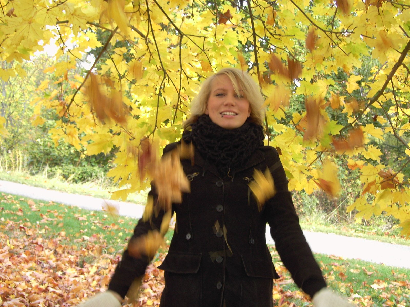 a woman standing underneath a yellow tree with her hands in the air
