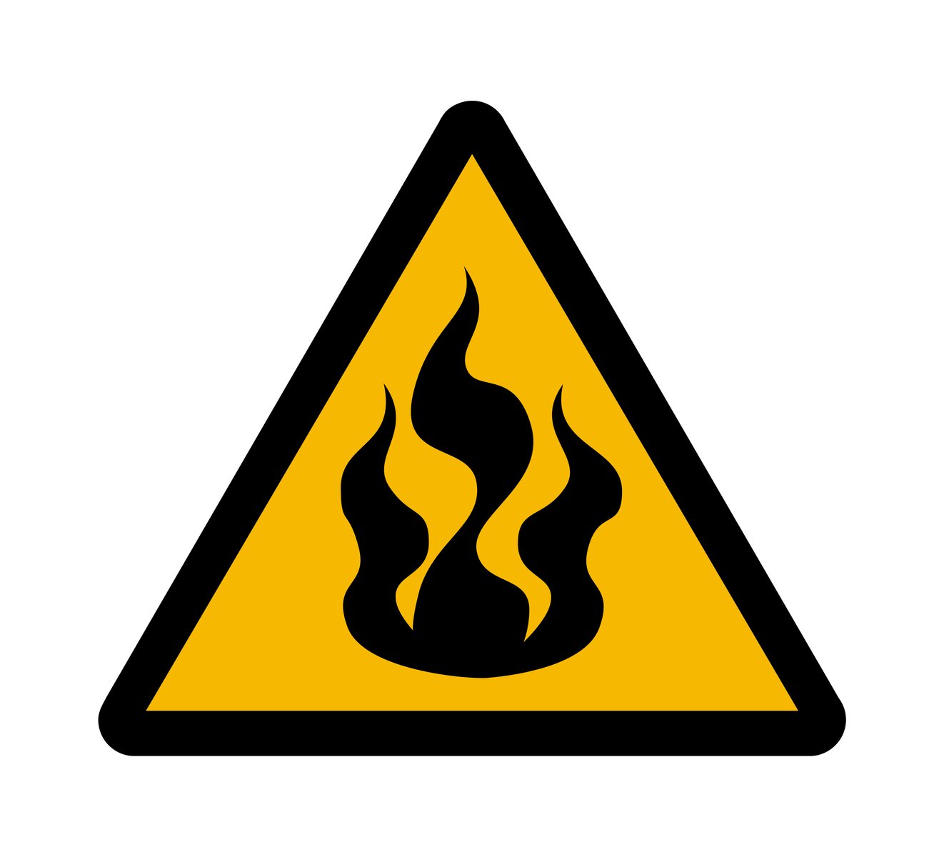 a yellow fire hazard sign with black flames
