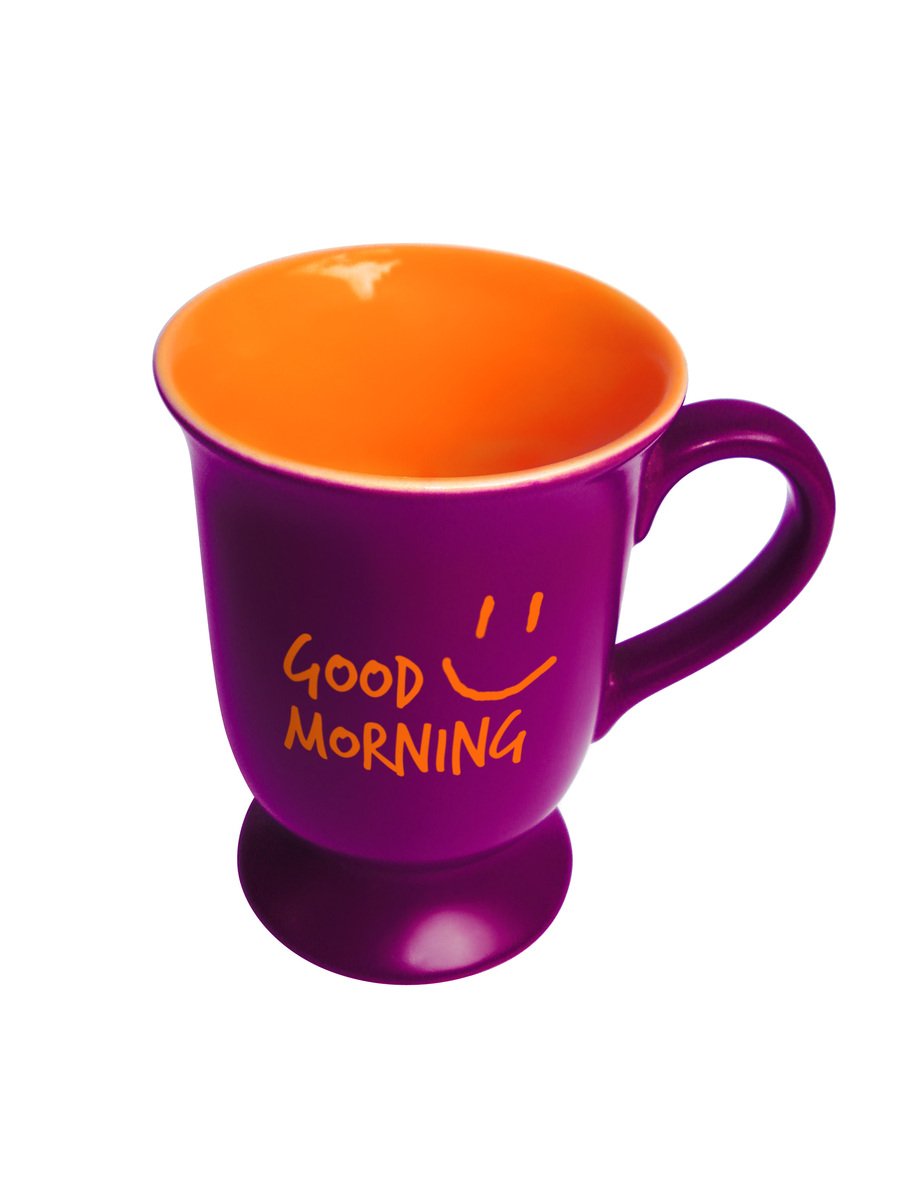 a purple cup with a yellow rim with good morning written on it