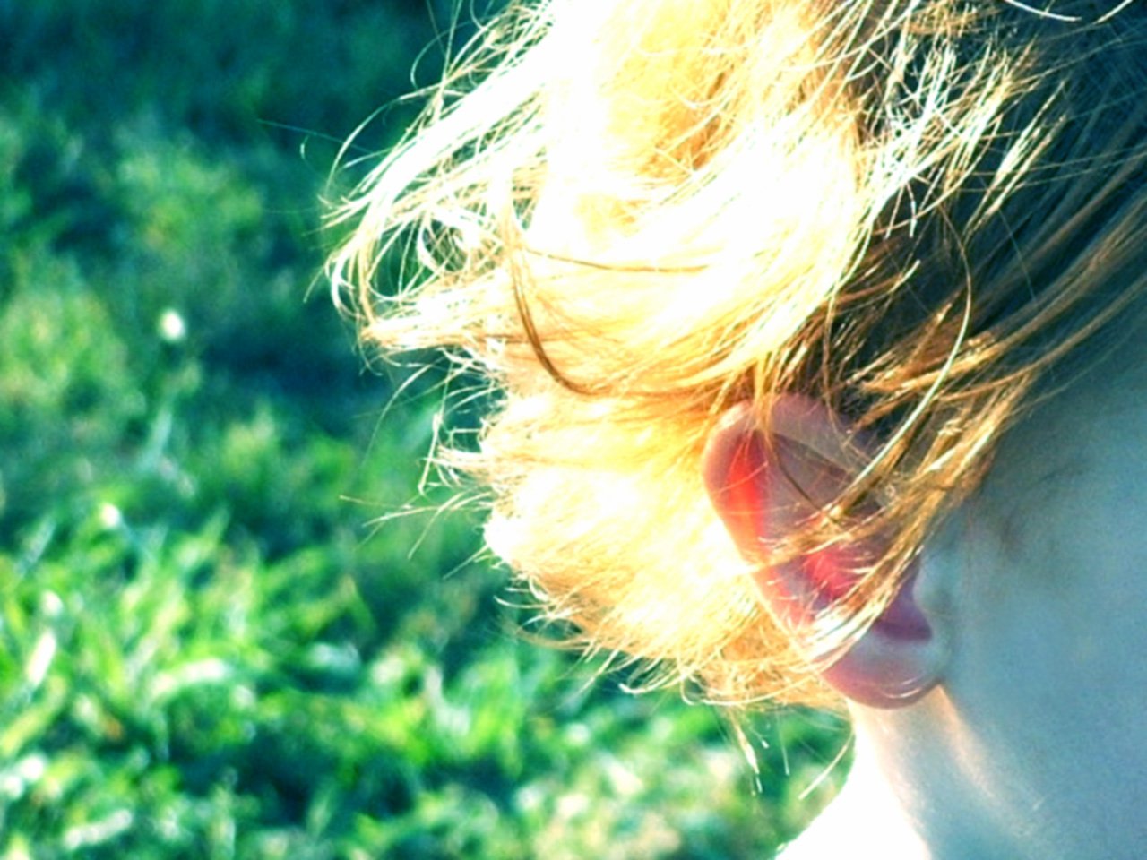 the profile of a young woman with yellow hair on her head in the grass