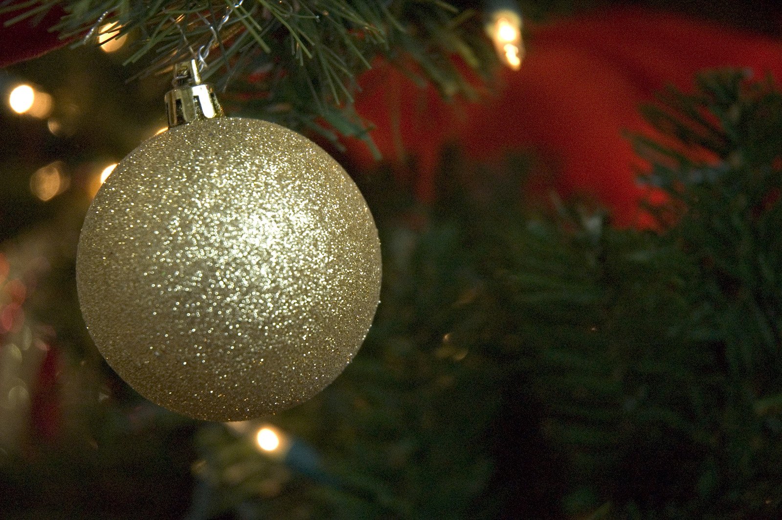 a christmas tree with a golden ornament hanging from it