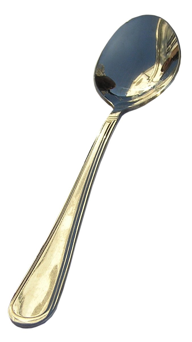 a gold spoon with blue enamel handle is on display