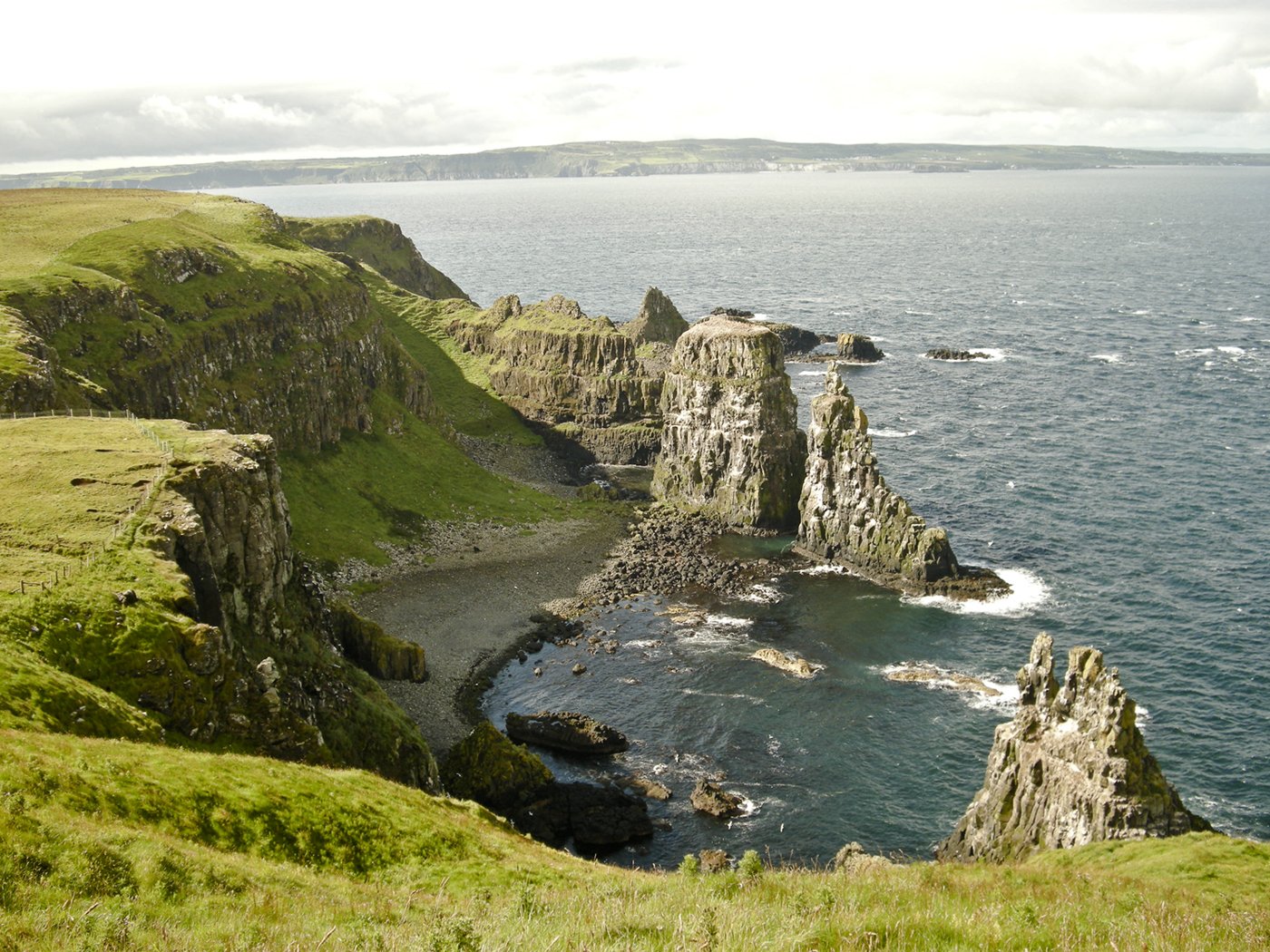 an ocean beach surrounded by rocky cliffs and green grass