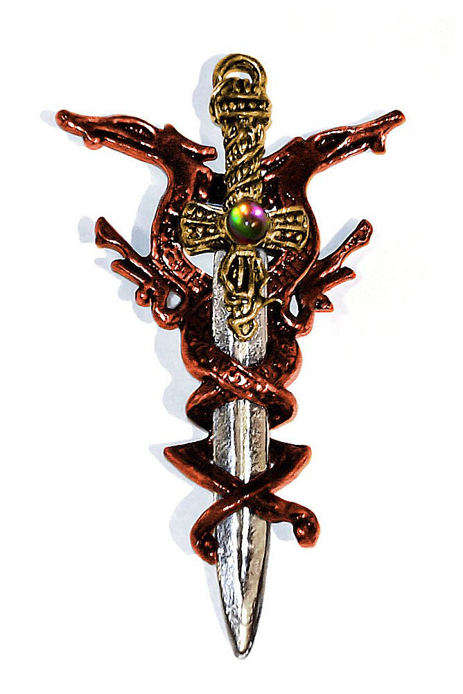 a fancy knife on a white background with the image of a cross and a sword