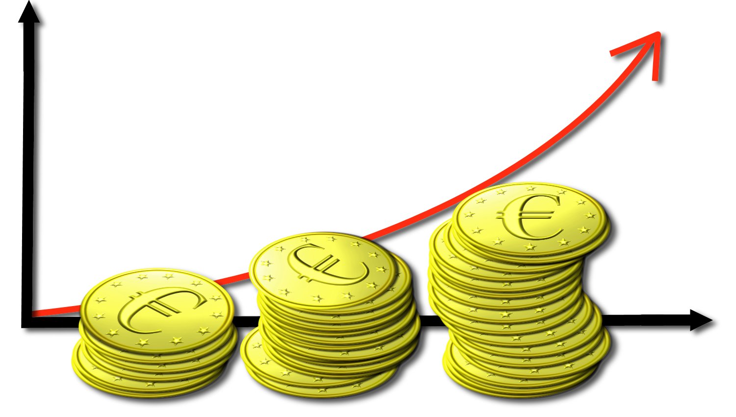 an upward graph with three gold coins sitting near one another
