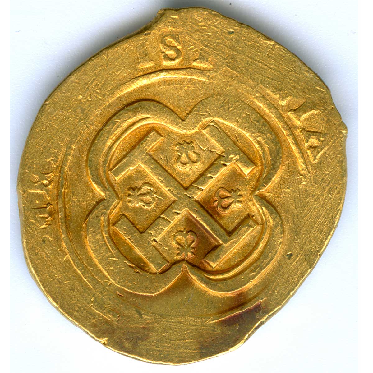 gold coin with letters and a double interlink in it