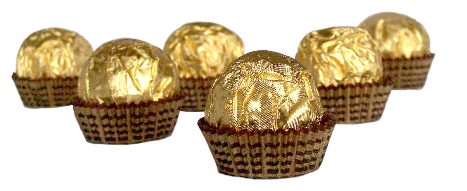 a row of chocolate covered cups with some gold foil on top