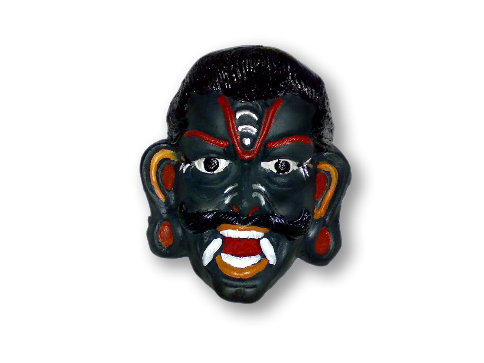 a mask that is black with red and white accents