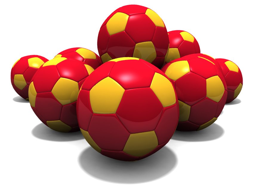 3d rendering of several shiny red soccer balls