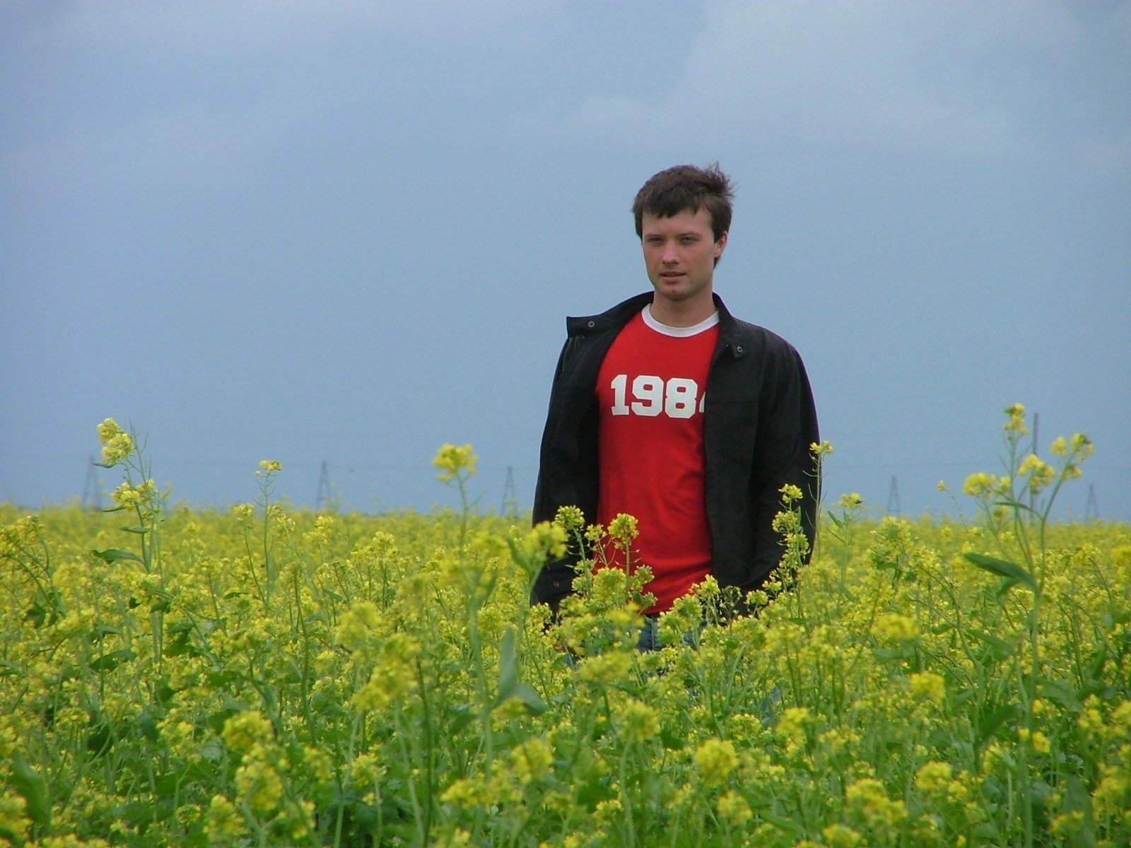 a man standing in a field of yellow flowers