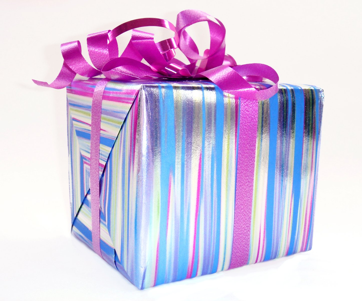 a blue and pink gift box with a bow