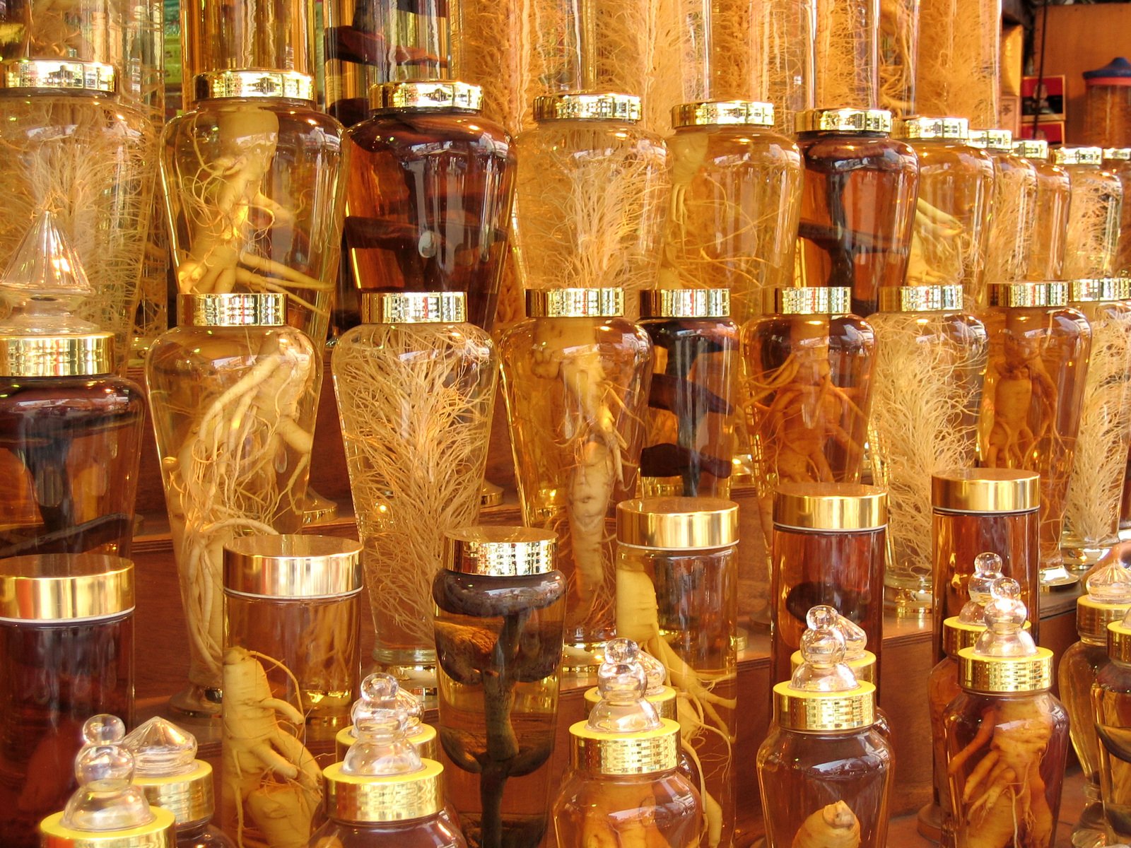 glass bottles are arranged on the table in rows