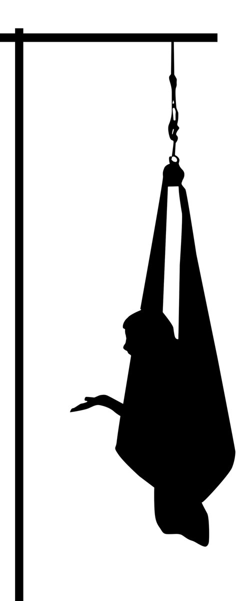 a black and white silhouette of a man suspended from a hook