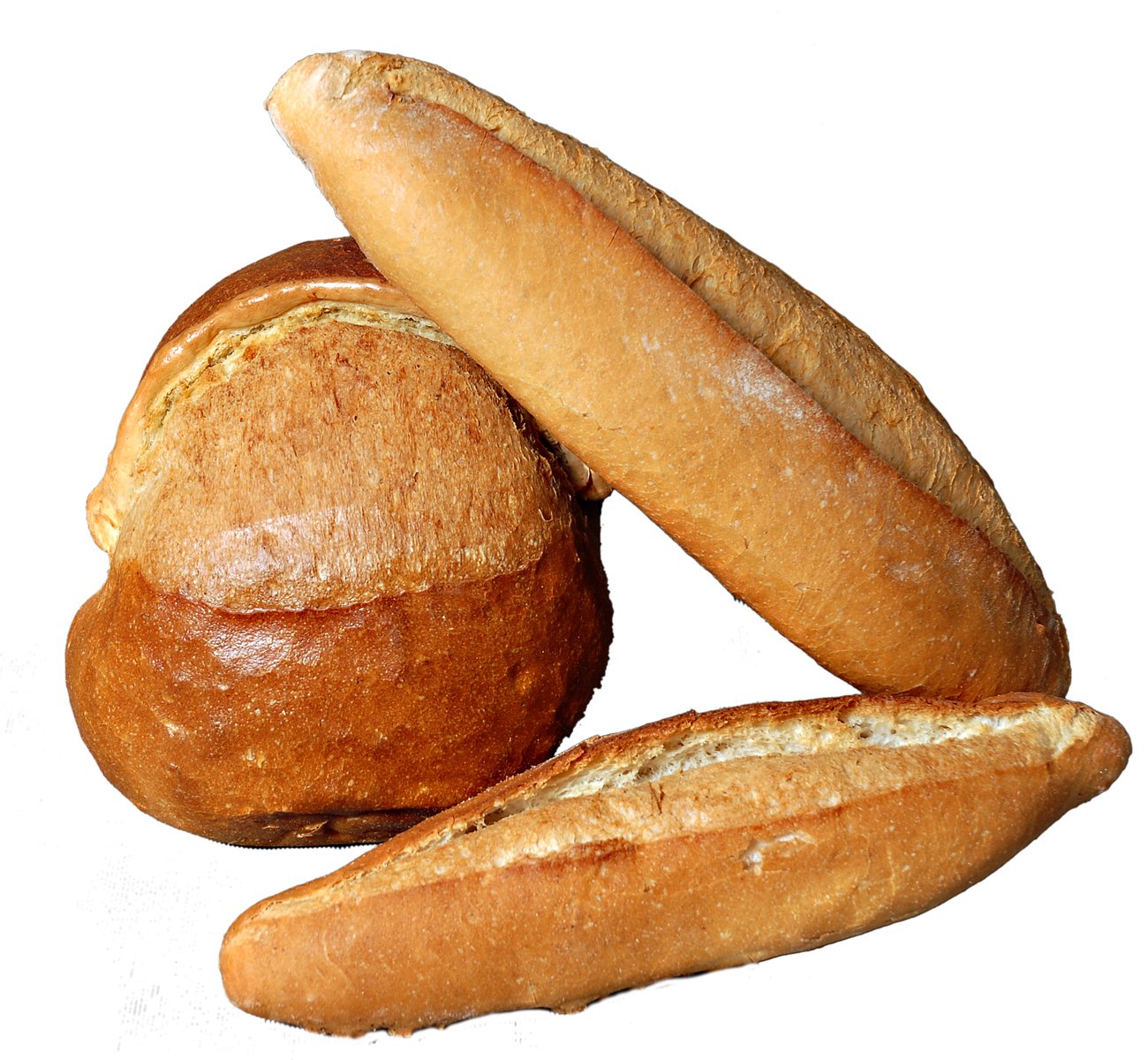 a white background with two breads, one piece a loaves and one half a loaf