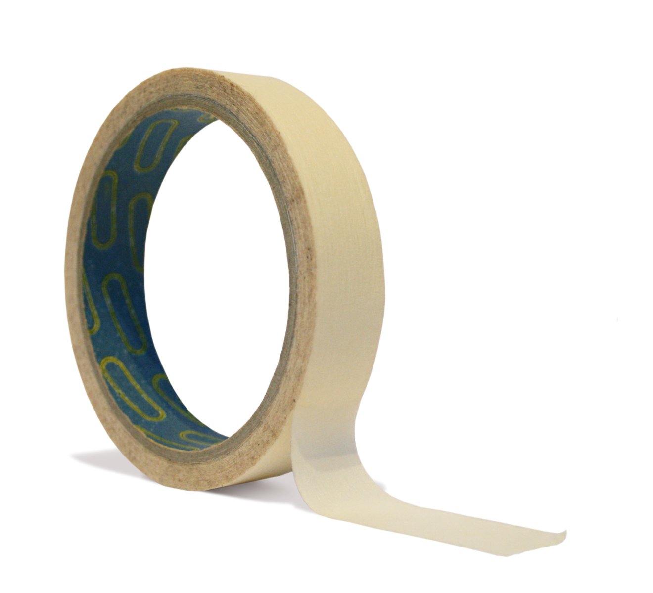 a piece of tape on white surface with blue and yellow designs