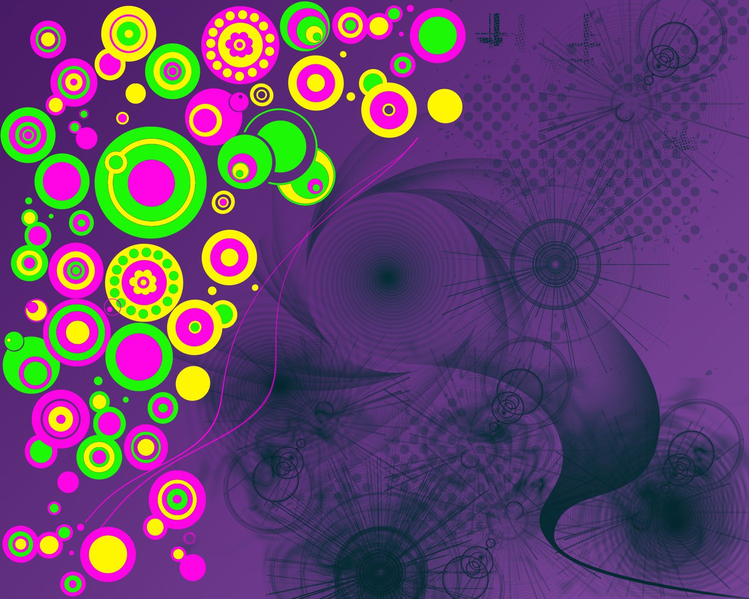 an abstract purple picture with colorful circles and shapes