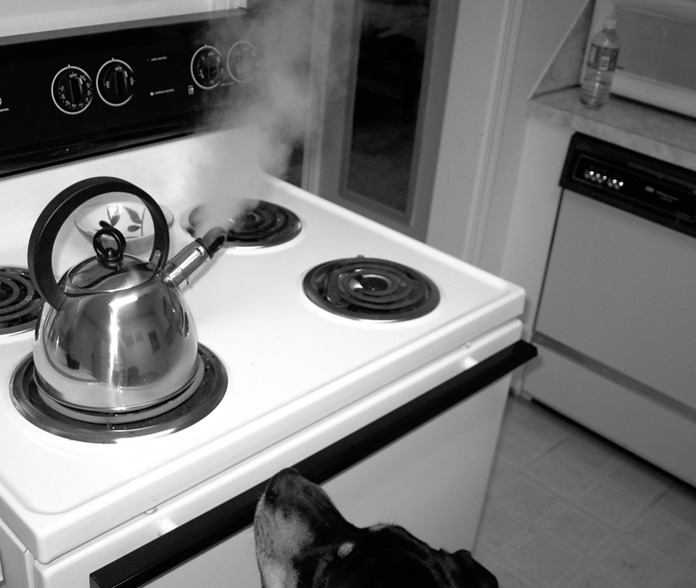 a stove with a tea pot on top of it