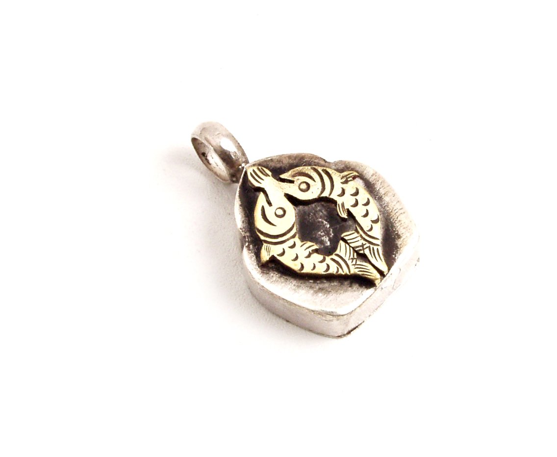 a tiny silver necklace has an image of a fish