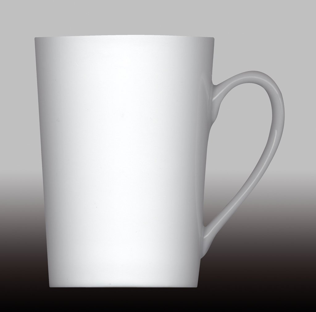 a white mug on black table with no image