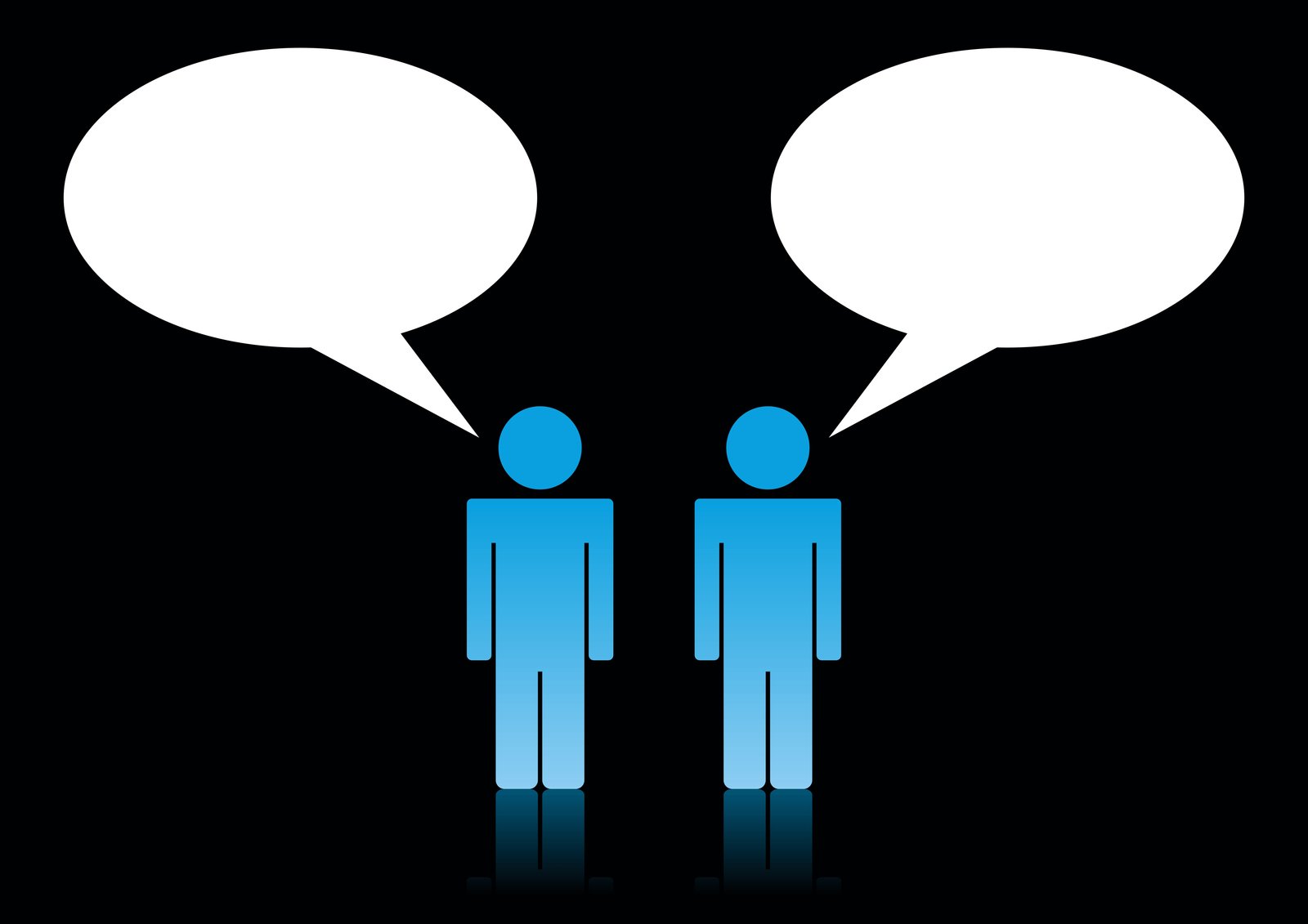 two blue men standing talking to each other with speech bubbles above them