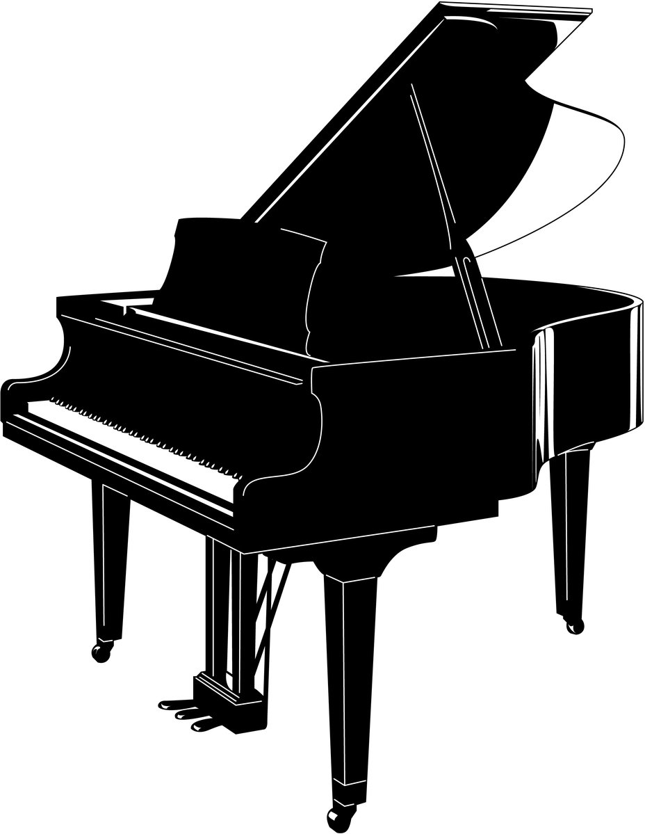 a black and white drawing of a grand piano