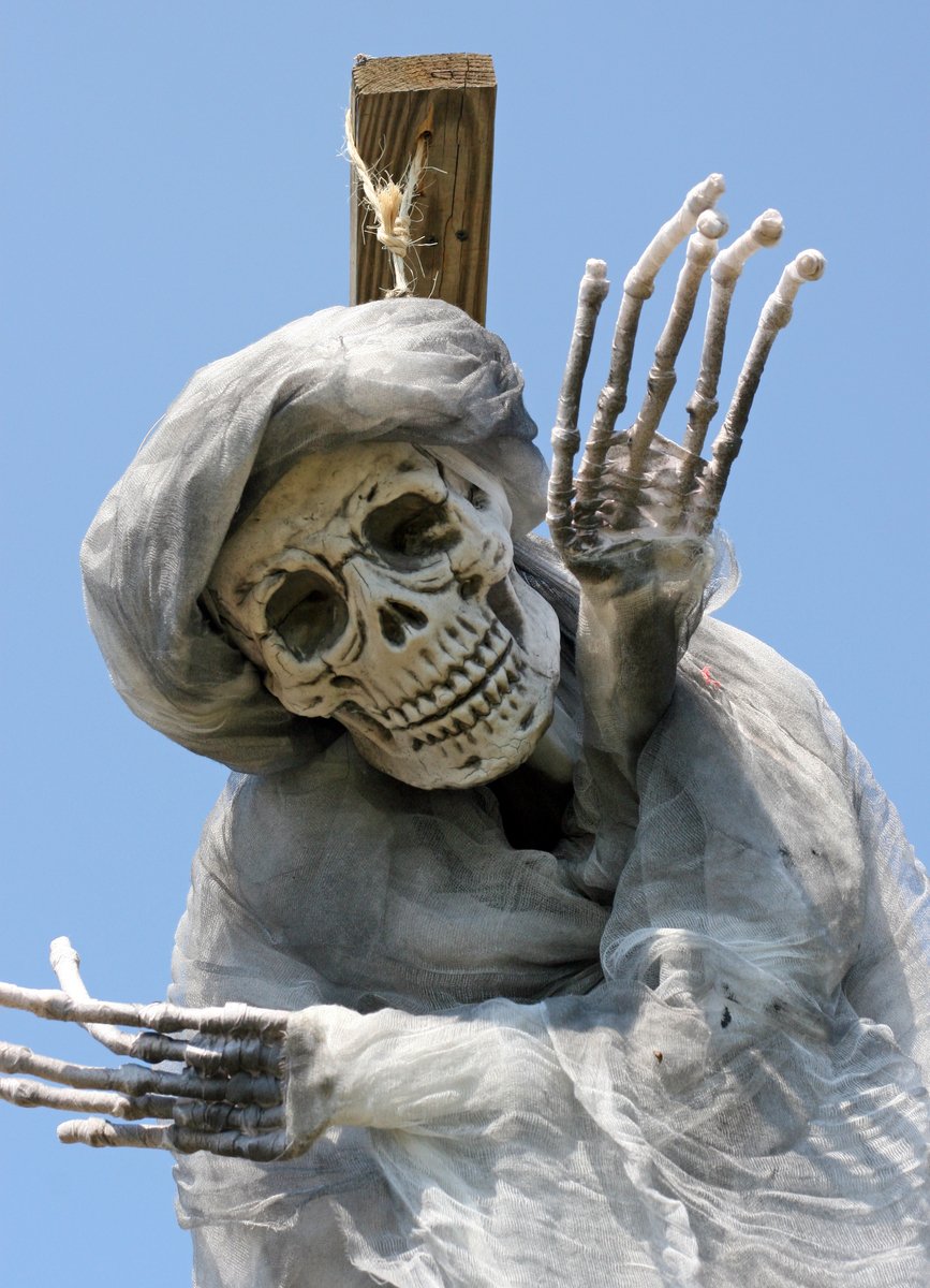 a skeleton sculpture with arms and hands holding a wooden post