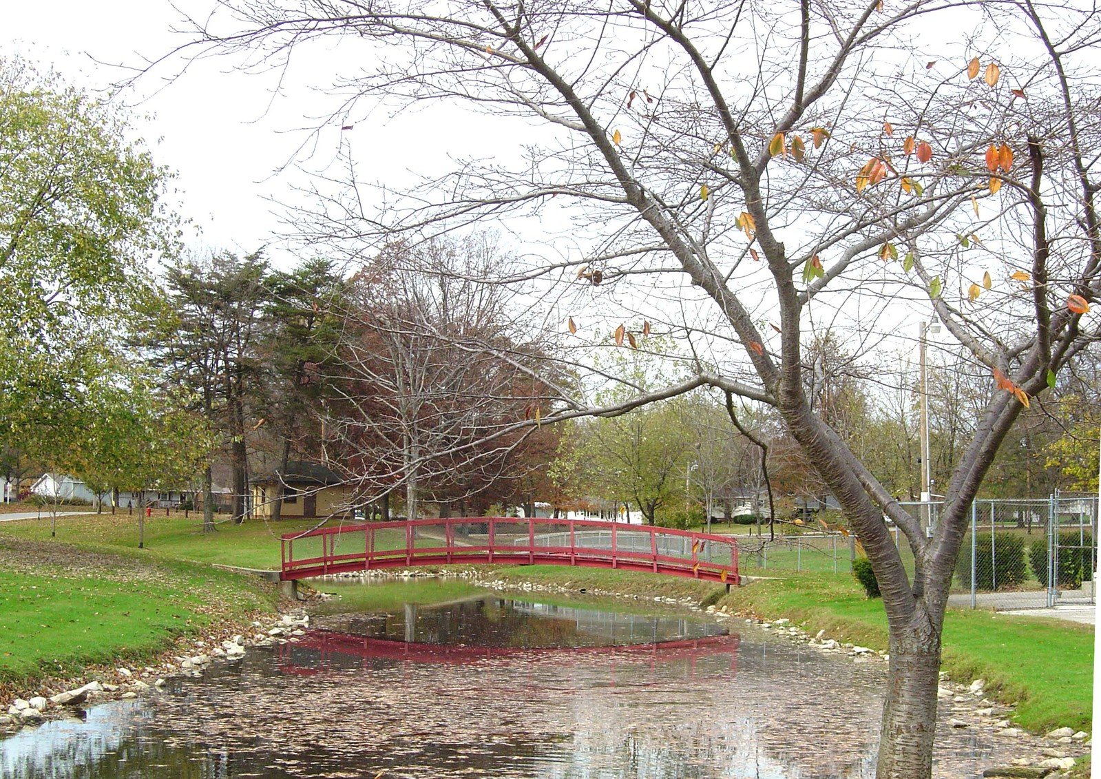 small creek in the middle of park with bridge in the background