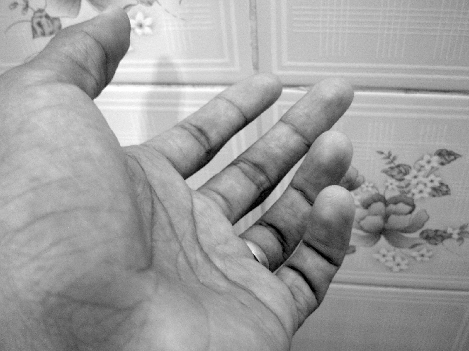 black and white image of a persons hand touching soing