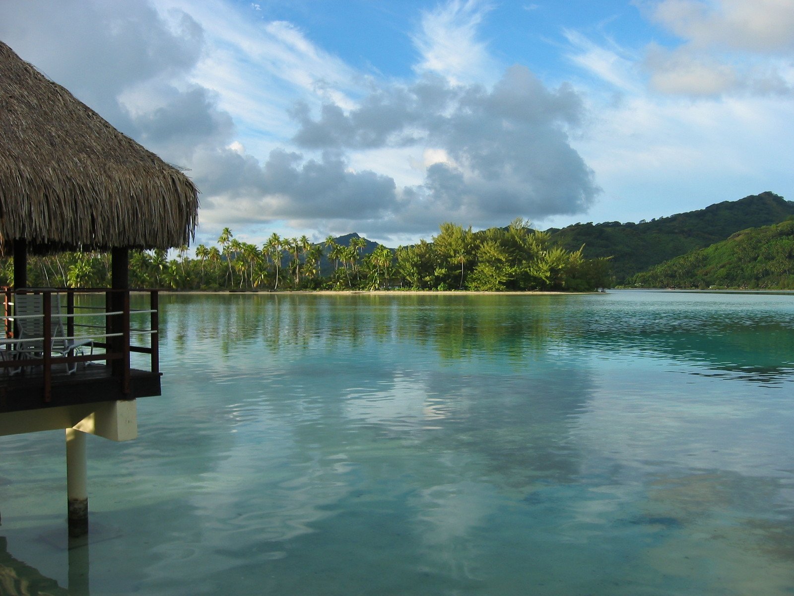 a body of water surrounded by trees with a hut