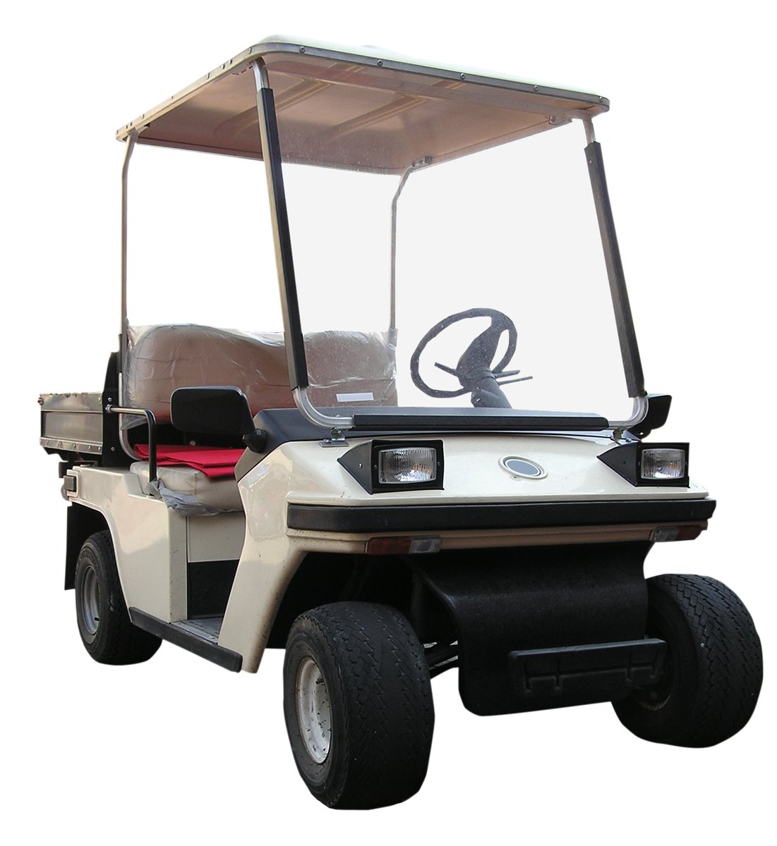 a white golf cart that is parked in front of the camera